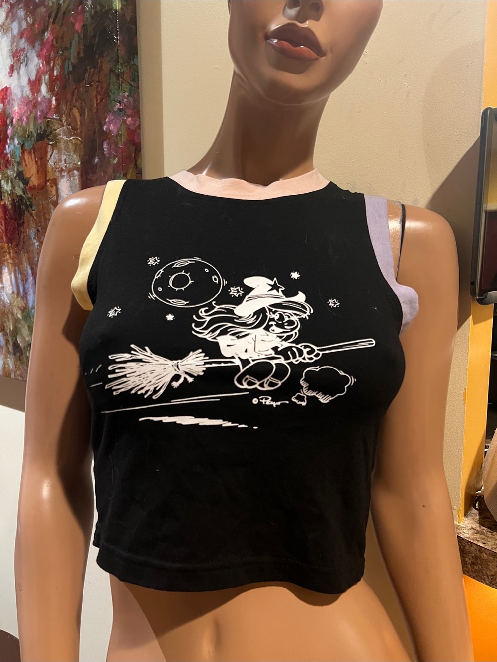 Black Witch Smurf on broomstick S crop Tank Top nwot Halloween